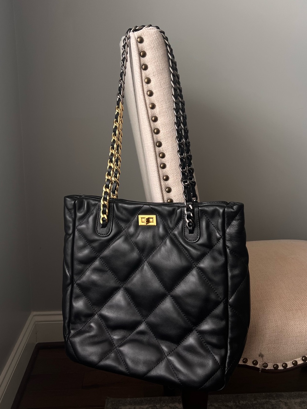 Black Quilted Chain-Handle Tote Bag